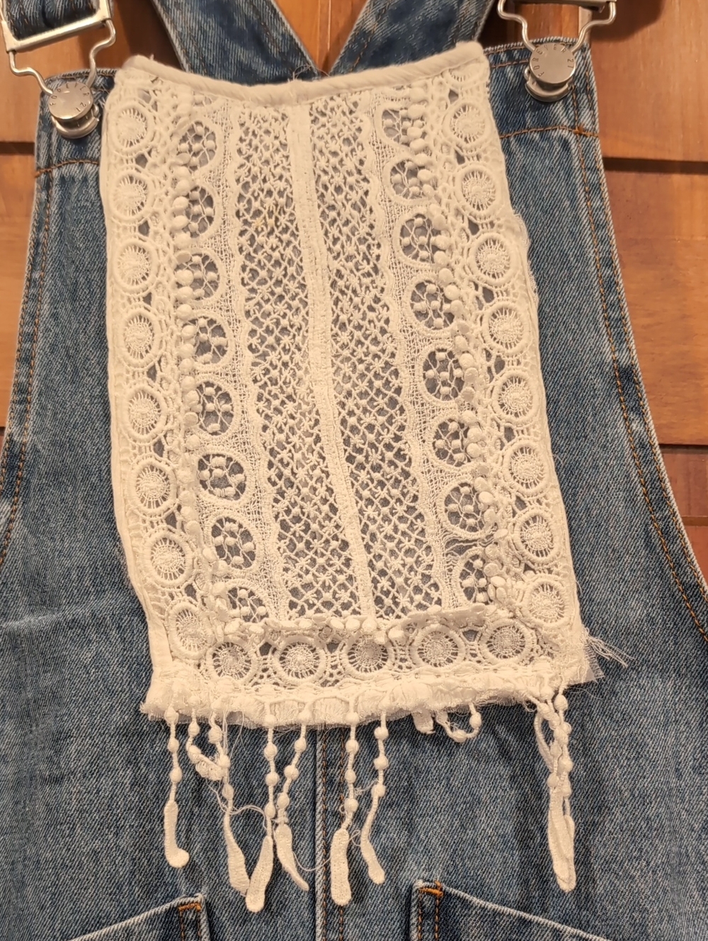 Denim Crochet Fringe Overall Dress - Blue & Cream - Picture 4 of 8